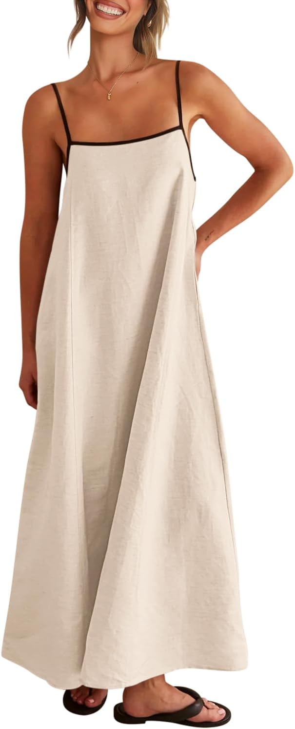Women's Summer Linen Maxi Dress Contrast Spaghetti Strap Dress Backless Casual Party Beach Dresses
