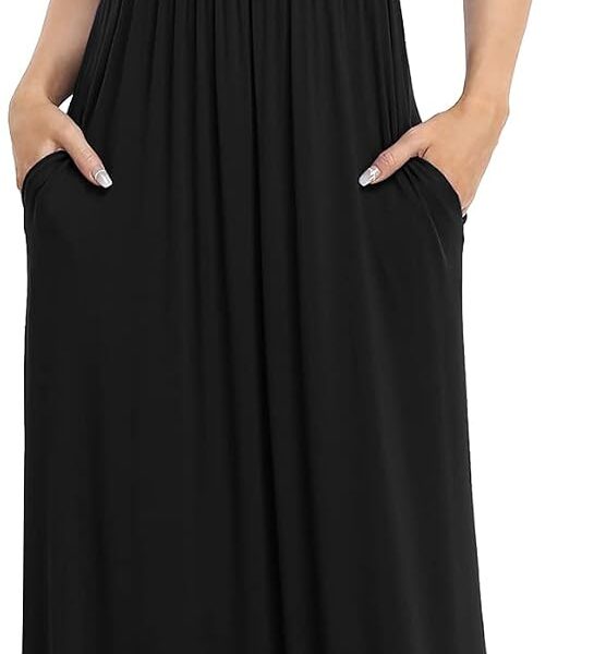 Women's Short Sleeve Loose Plain Maxi Dresses Casual Long Dresses with Pockets