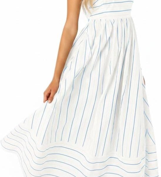 Women's Striped Back Smocked Maxi Dress Sexy Spaghetti Strap Cut Out Flowy Swing Long Dress