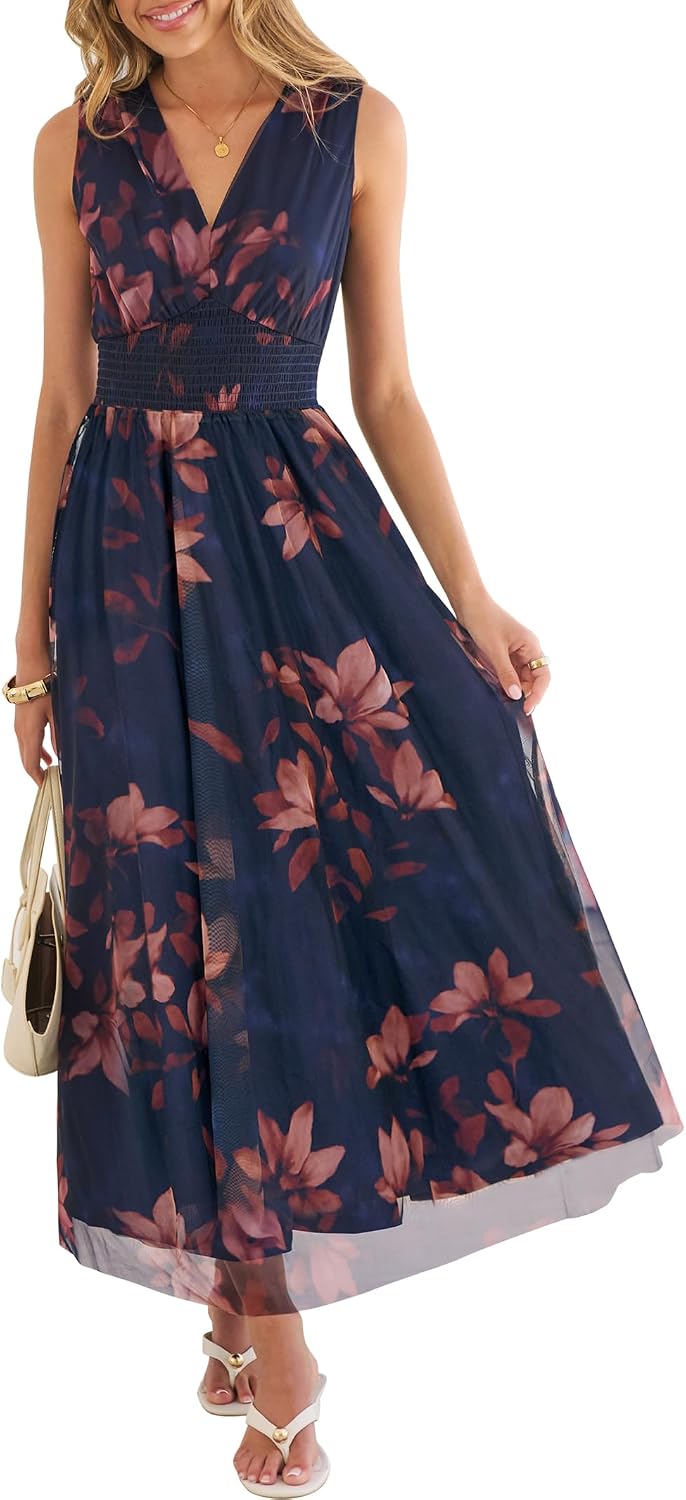 Womens Summer Floral Maxi Dress A Line Tulle Elegant for Wedding Guest and Beach Vacation Flowy Casual Boho Outfits