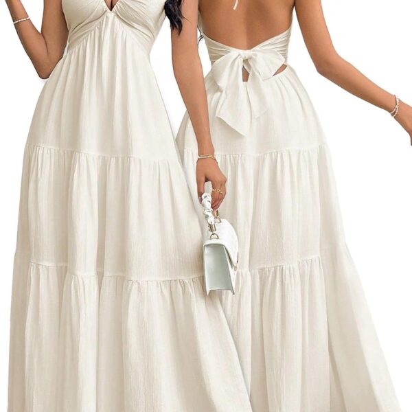 Women's Maxi Summer Dresses Halter V Neck Beach Dresses for Women A Line Casual Dress for Vacation