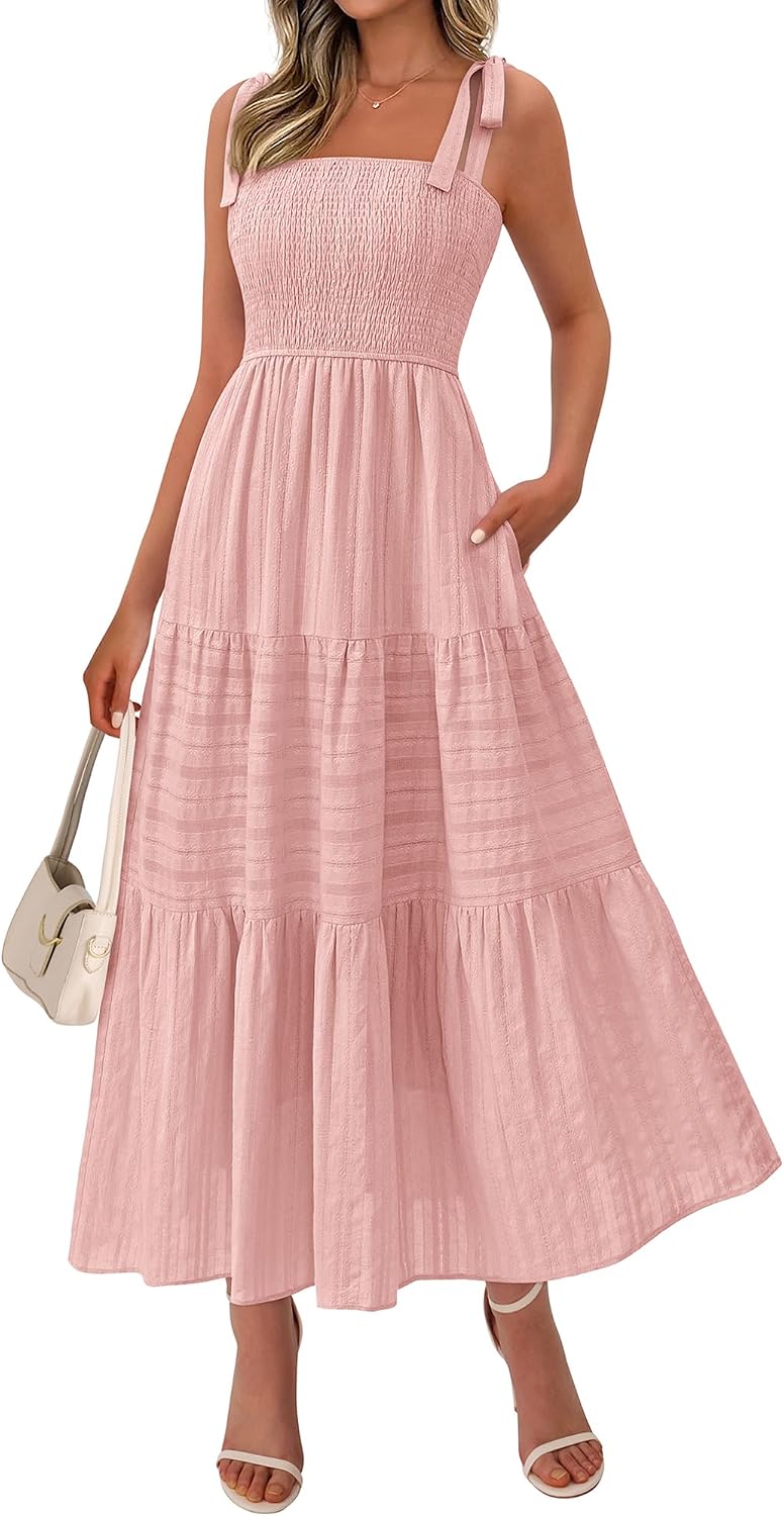 Women's Spring Boho Spaghetti Strap Dress Casual Sleeveless Smocked A Line Beach Sundress Long Maxi Dresses