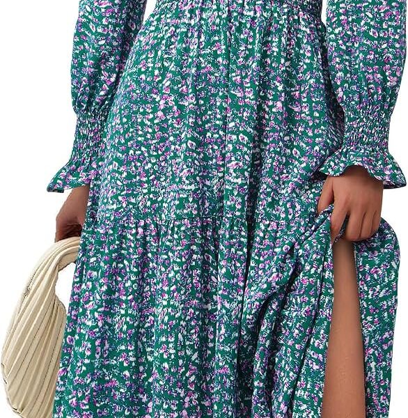 Women's Floral Maxi Dress Fall Long Sleeve V Neck A Line Long Flowy Spring Party Boho Dresses